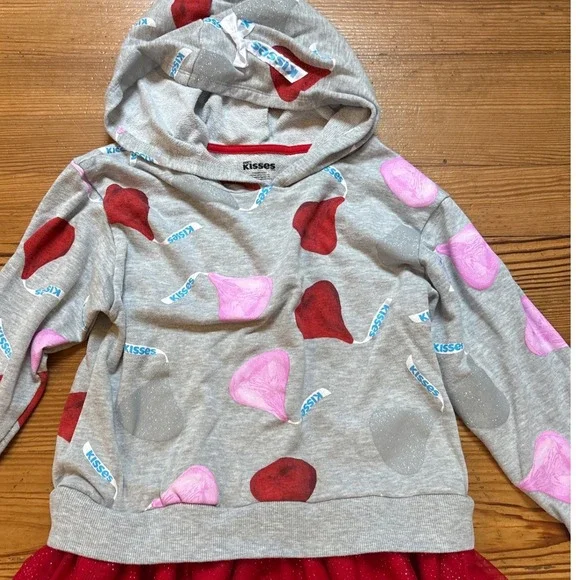 Hershey's Kisses Hooded Dress Kids Grey Red Glitter Tulle SIZE L (10-12) - Picture 2 of 7